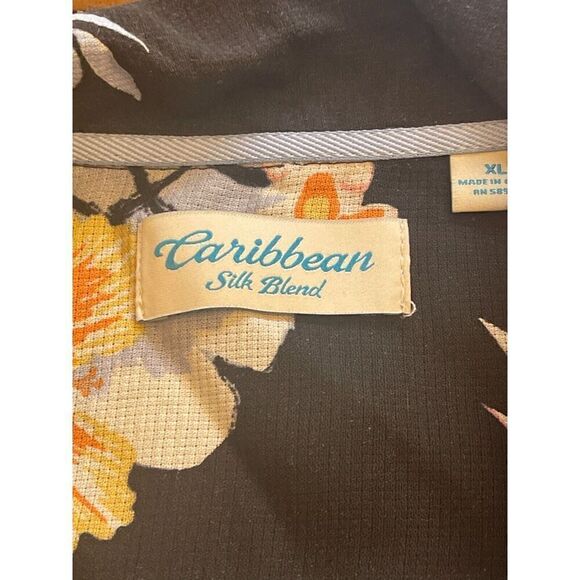 Caribbean Button-Up Shirt Men's Size XL Black Floral Silk Blend Short Sleeves - Picture 3 of 8